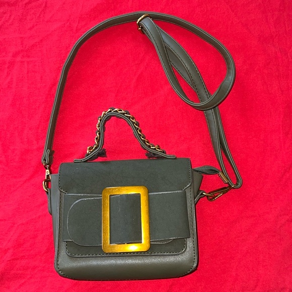 Handbags - Chic Olive Green Crossbody Bag with Gold Accents